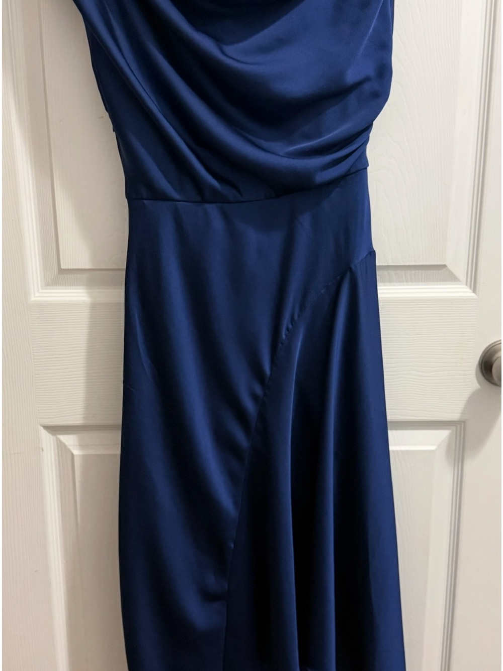 Premier Amour one shoulder  asymmetric Navy Blue Draped Satin Women's Dress